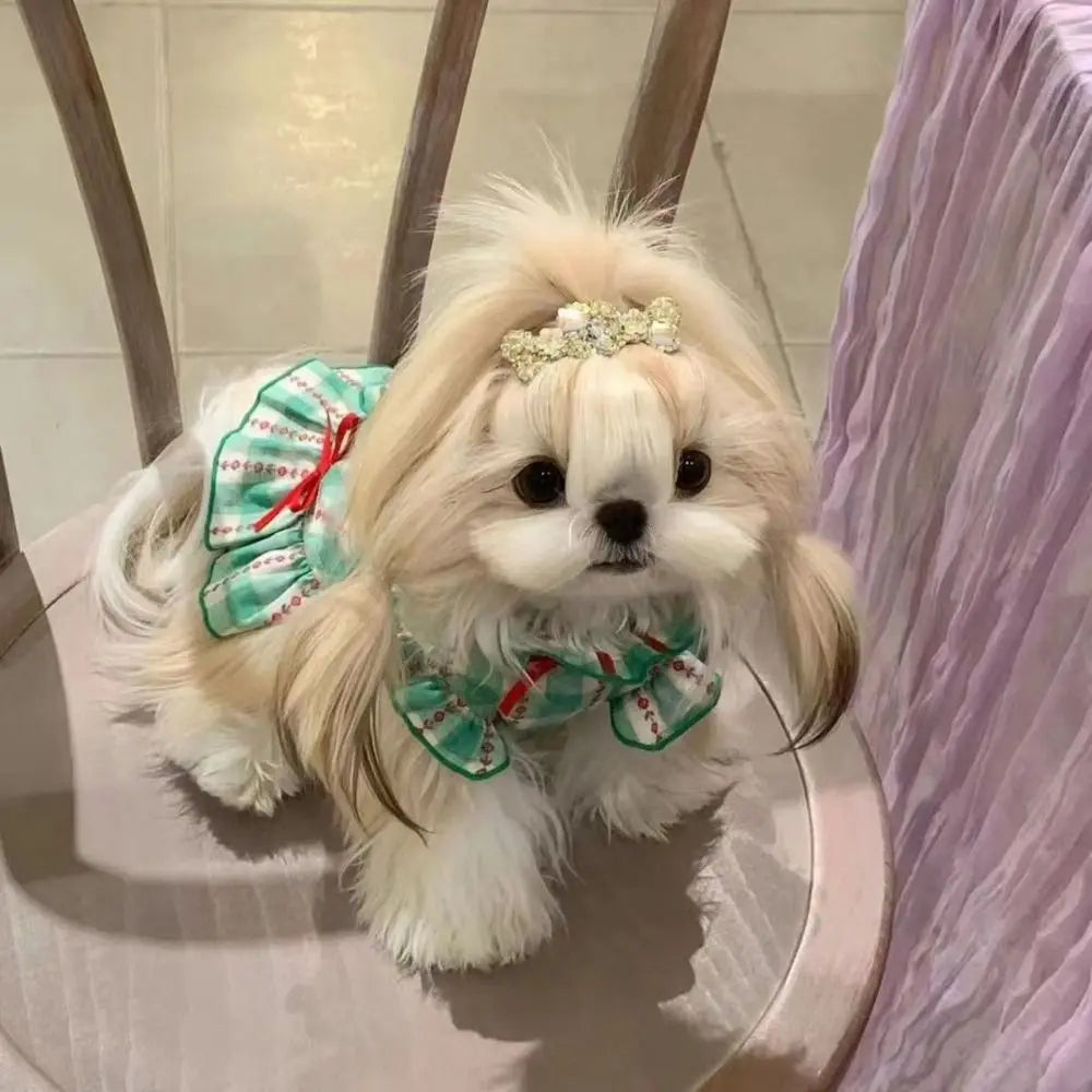Pet Dog Clothes Polyester Fiber Pet Love Shirt Skirt Green Cute Dog Plaid Shirt Skirt INS Style Dog Costume Skirt for Small Dog