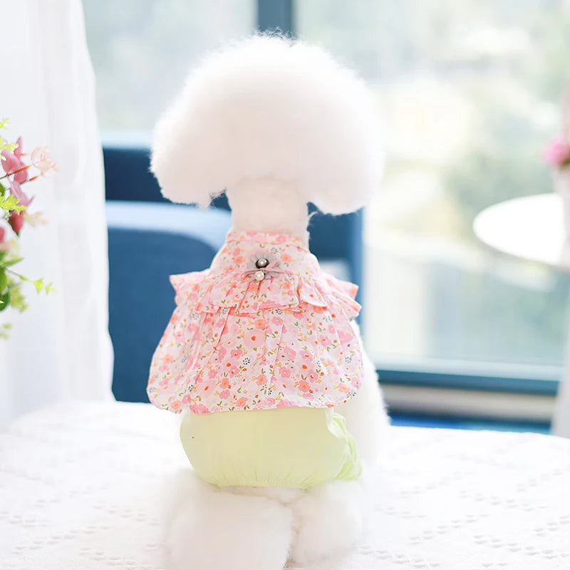 Pet Clothes Cute Dog Cat JumpSuit Spring Summer Floral Four-legged Clothing Flying Sleeve Vest Pajamas Soft Puppy Pants Shirt