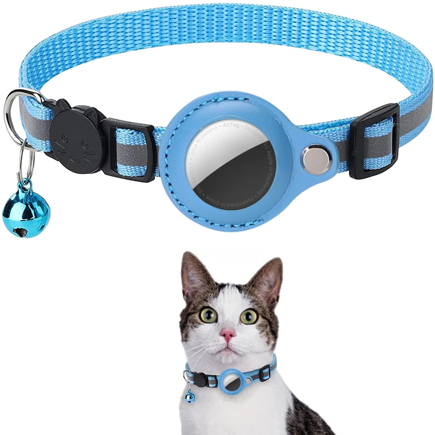 GPS tracker cat collar with reflective coating and safety bell