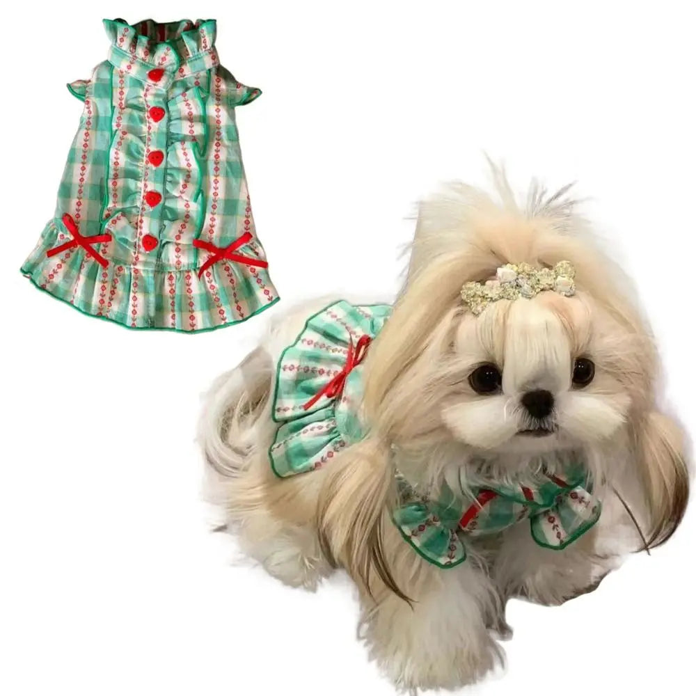 Pet Dog Clothes Polyester Fiber Pet Love Shirt Skirt Green Cute Dog Plaid Shirt Skirt INS Style Dog Costume Skirt for Small Dog