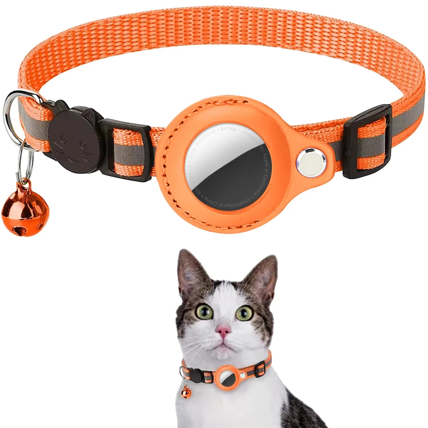GPS tracker cat collar with reflective coating and safety bell