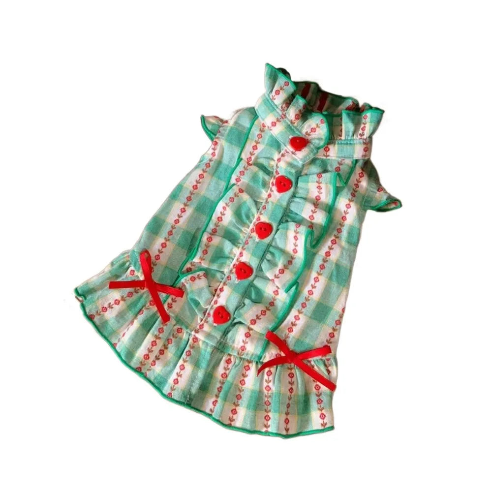 Pet Dog Clothes Polyester Fiber Pet Love Shirt Skirt Green Cute Dog Plaid Shirt Skirt INS Style Dog Costume Skirt for Small Dog