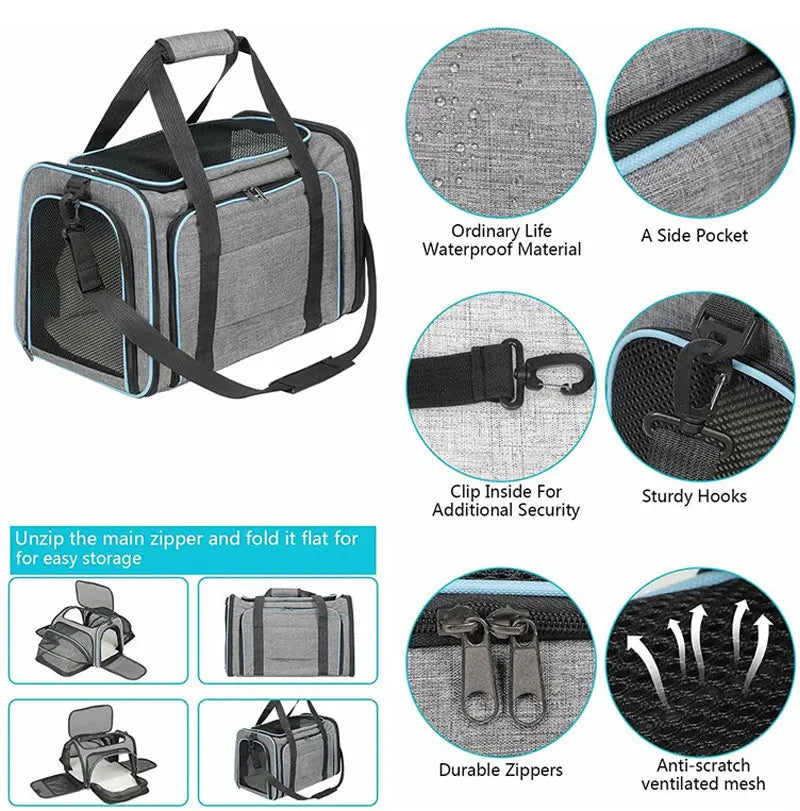 Portable Foldable Pet Carrier Bag with Safety Zippers