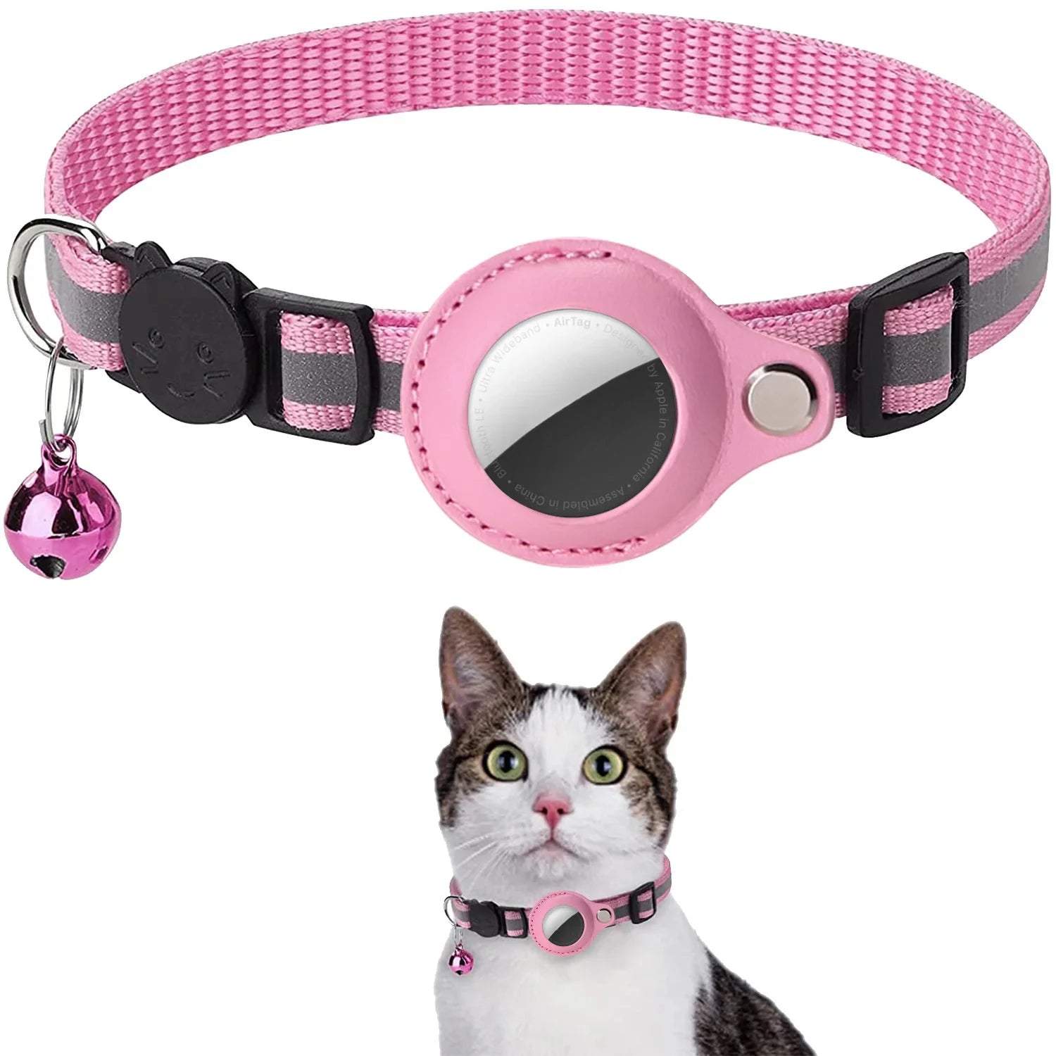 GPS tracker cat collar with reflective coating and safety bell