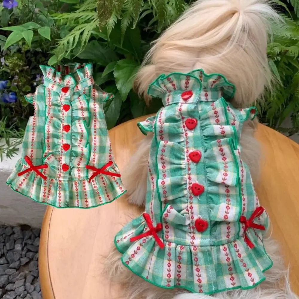 Pet Dog Clothes Polyester Fiber Pet Love Shirt Skirt Green Cute Dog Plaid Shirt Skirt INS Style Dog Costume Skirt for Small Dog