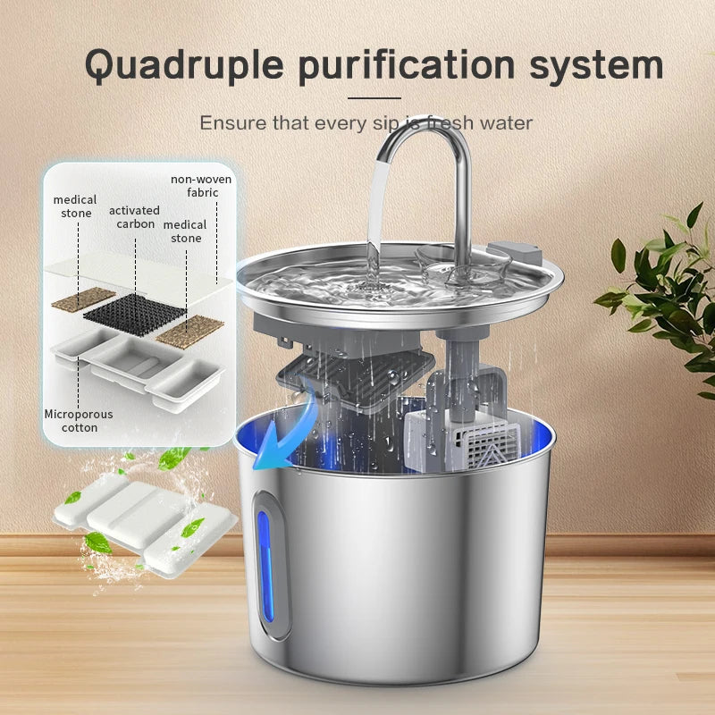 Automatic Pet Water Fountain | 2.2L Stainless Steel with Filter & USB Pump