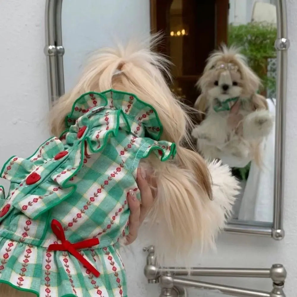 Pet Dog Clothes Polyester Fiber Pet Love Shirt Skirt Green Cute Dog Plaid Shirt Skirt INS Style Dog Costume Skirt for Small Dog