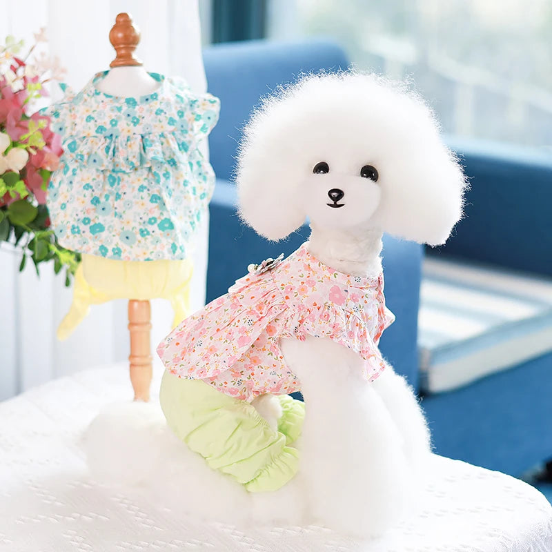 Pet Clothes Cute Dog Cat JumpSuit Spring Summer Floral Four-legged Clothing Flying Sleeve Vest Pajamas Soft Puppy Pants Shirt